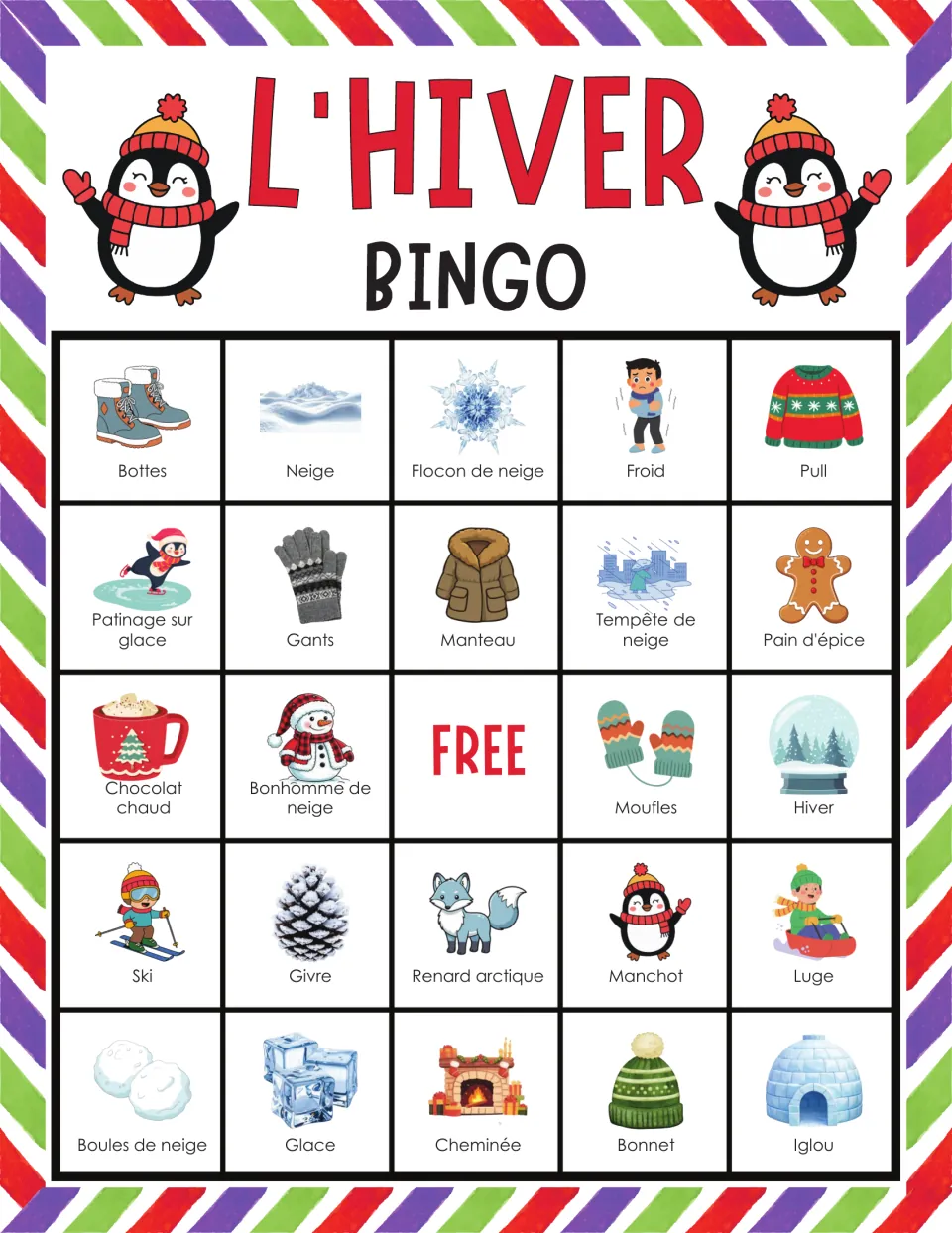 French winter word bingo starting bottes, neige, flocon de neige, froid and pull; students find each called word's picture