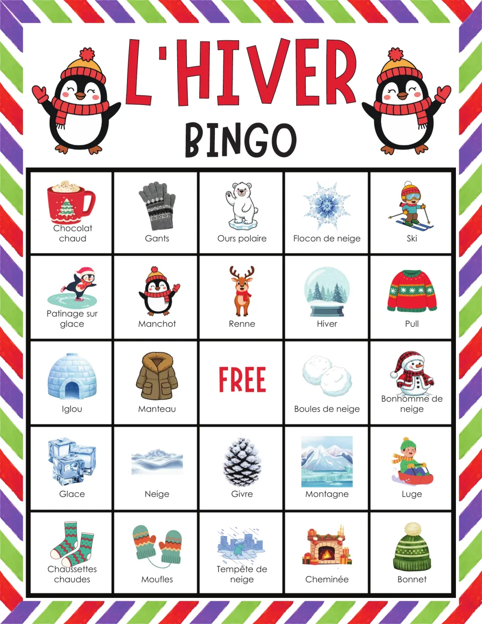 Bingo card with chocolat chaud, gants, ours polaire, flocon de neige and ski on top; students mark French winter words heard