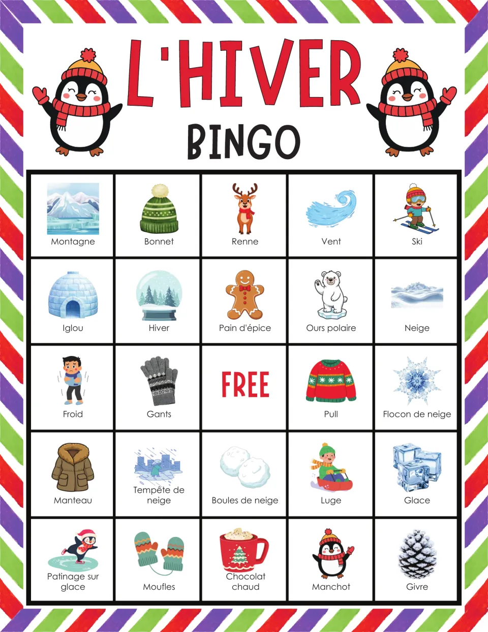 French winter bingo card opening montagne, bonnet, renne, vent and ski; students match called words to labeled clip art