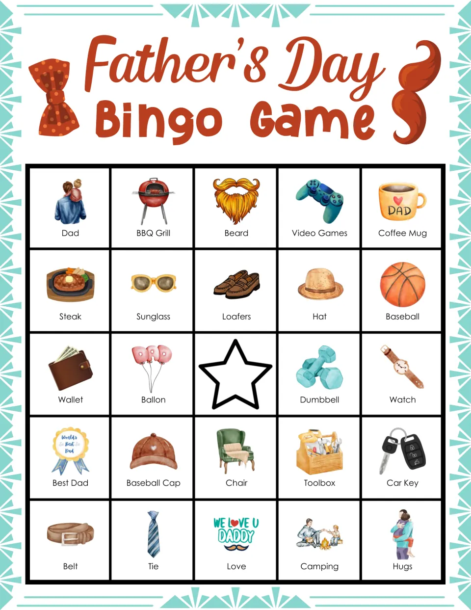 Father's Day bingo card: players mark picture squares as called, top row Dad, BBQ Grill, Beard, Video Games, Coffee Mug