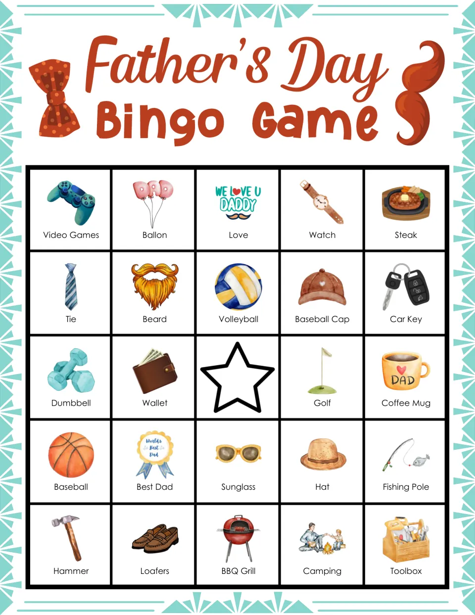 Father's Day bingo card with labeled pictures to mark; top row Video Games, Ballon, Love, Watch, Steak, star free center