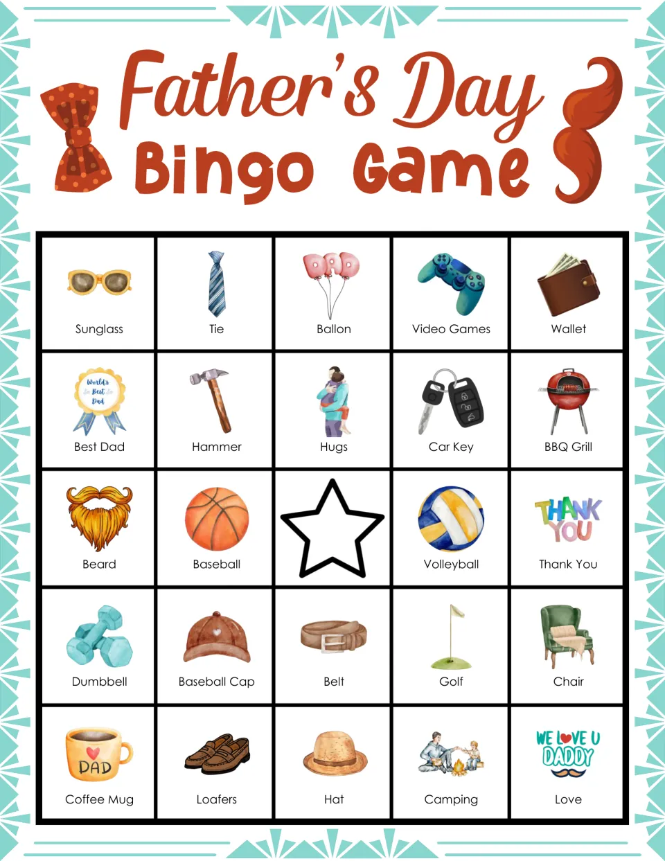 Father's Day bingo card: students cover called pictures, top row Sunglass, Tie, Ballon, Video Games, Wallet; star center