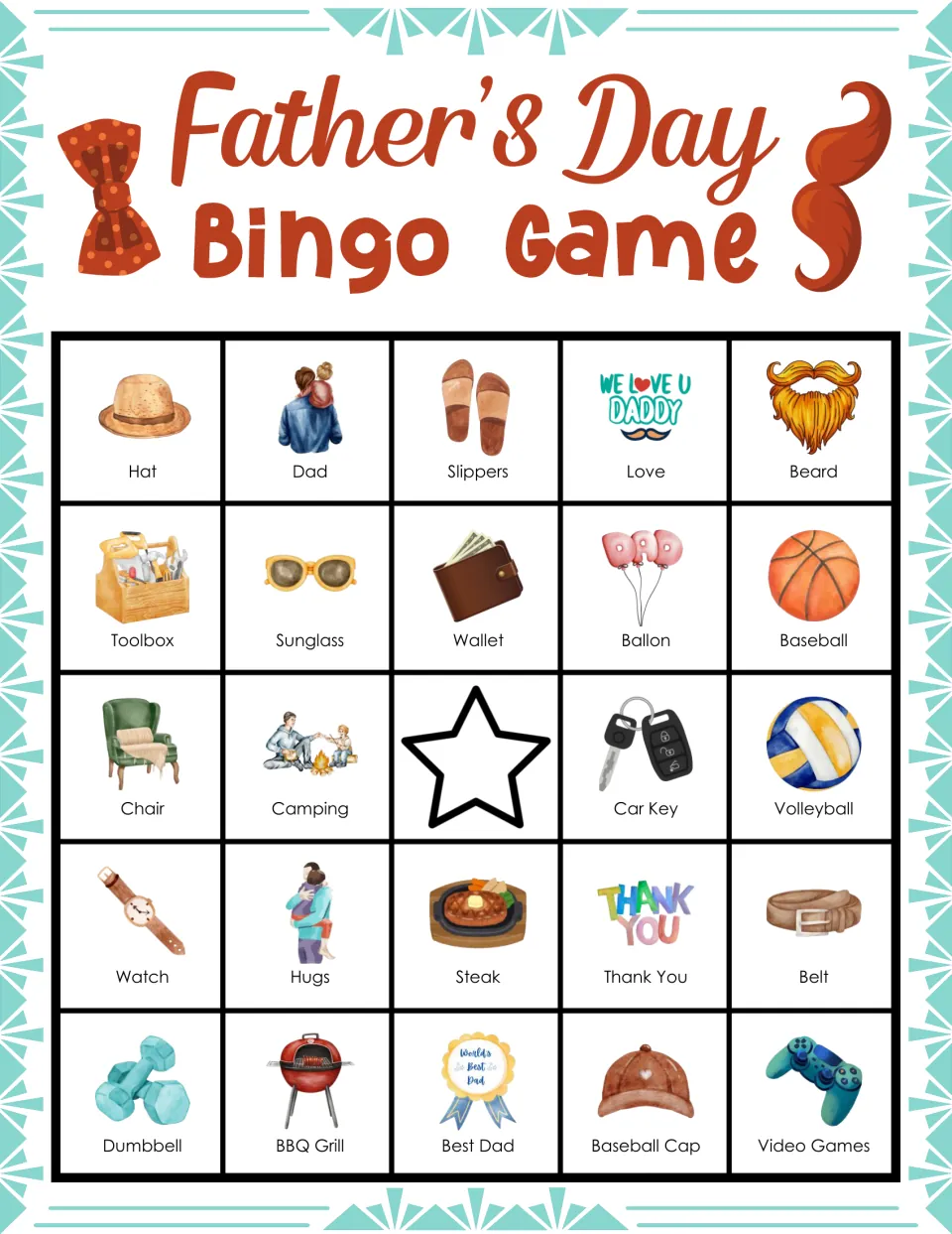 Father's Day picture bingo card to mark as items are called; top row Hat, Dad, Slippers, Love, Beard; star free space