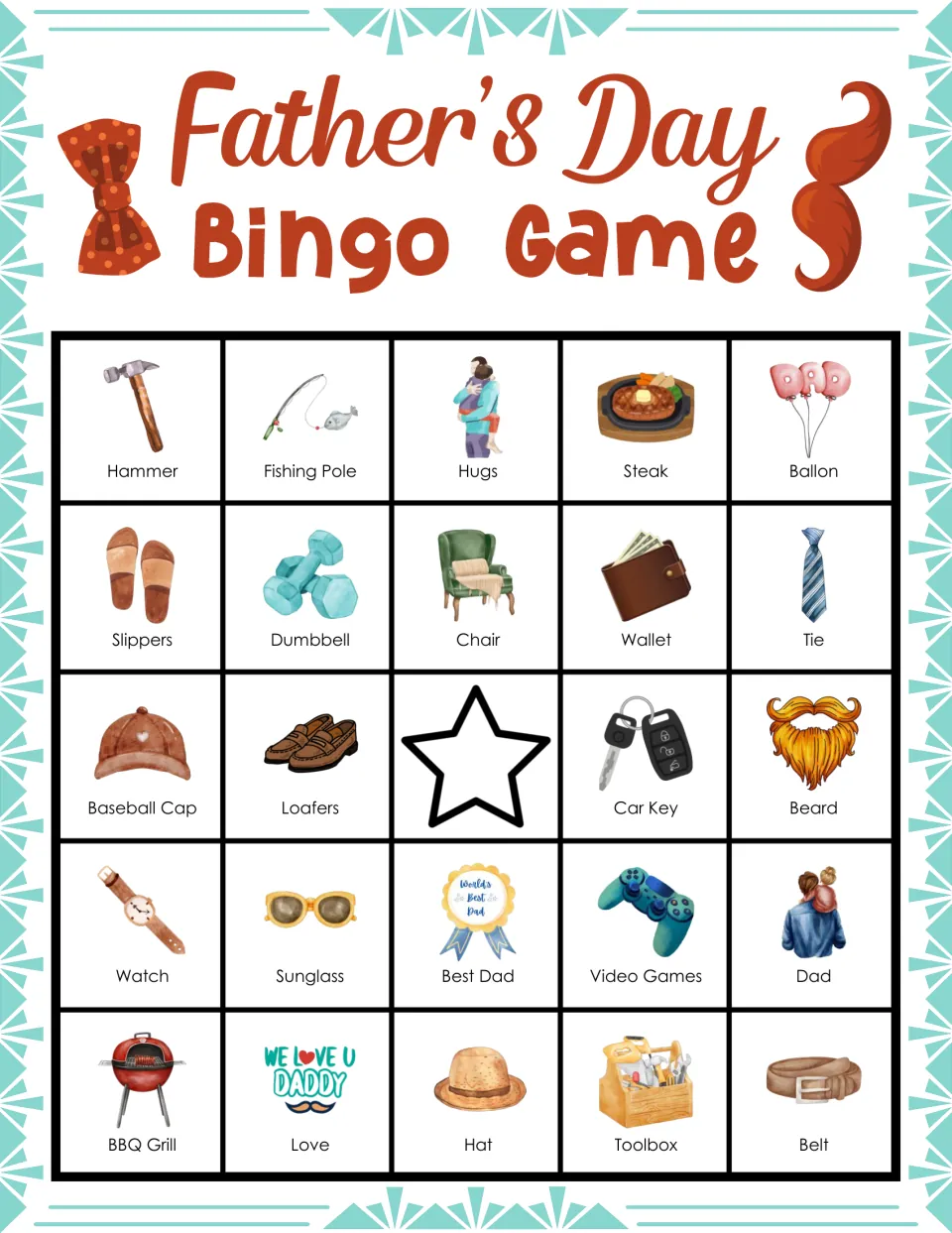 Father's Day bingo card: players match called words to pictures, top row Hammer, Fishing Pole, Hugs, Steak, Ballon