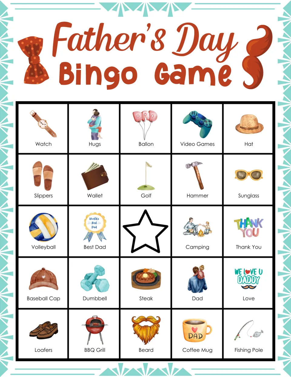 Father's Day bingo card of dad-themed pictures to mark; top row Watch, Hugs, Ballon, Video Games, Hat; star in the middle