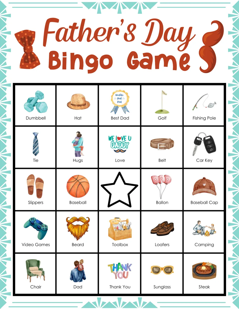 Father's Day bingo card: students mark called pictures, top row Dumbbell, Hat, Best Dad, Golf, Fishing Pole