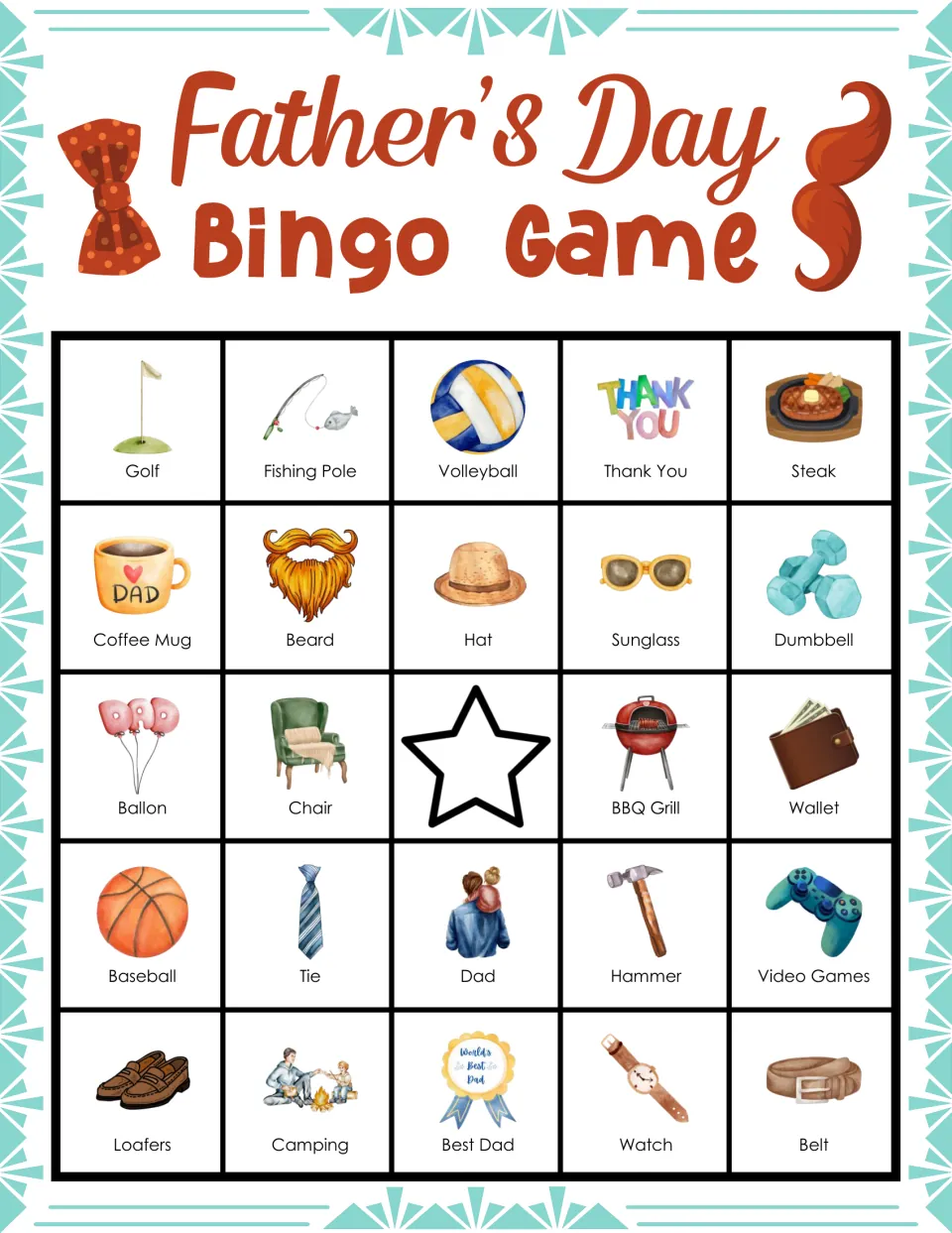 Father's Day bingo card with picture-and-word squares; top row Golf, Fishing Pole, Volleyball, Thank You, Steak