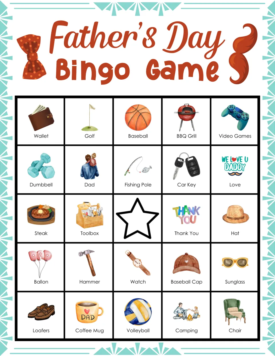 Father's Day bingo card for marking called items; top row Wallet, Golf, Baseball, BBQ Grill, Video Games; star free square