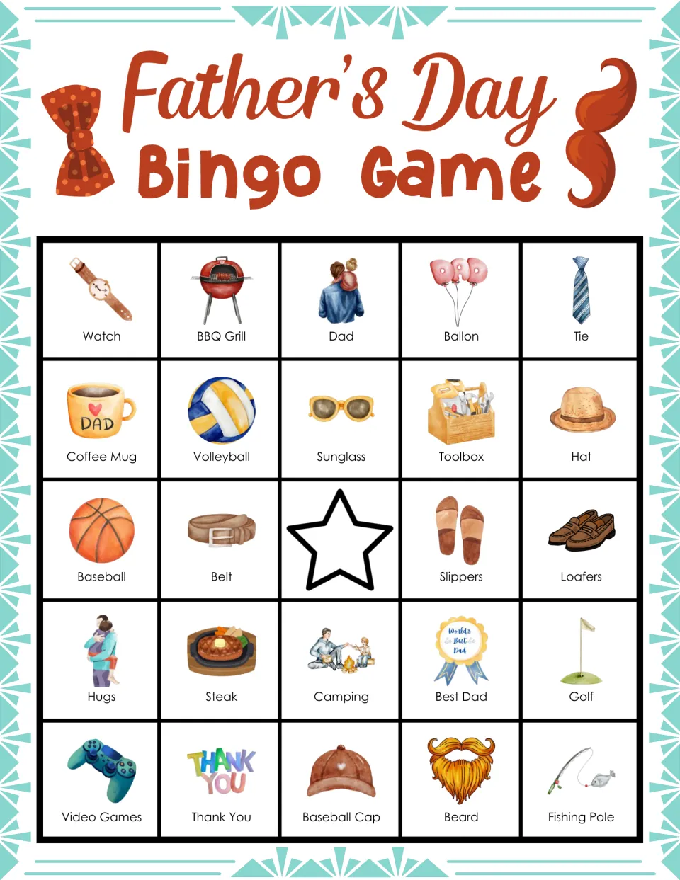 Father's Day bingo card: players cover pictures as called, top row Watch, BBQ Grill, Dad, Ballon, Tie; star free space