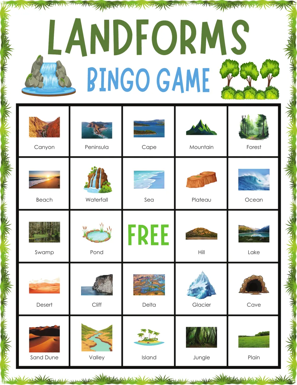 Landforms bingo card 1: students mark pictured landforms as called, starting with canyon, peninsula, cape and mountain