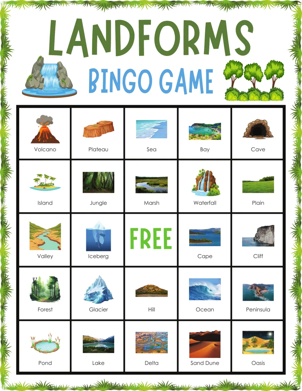Landforms bingo card 2: students match called landform names to pictures such as volcano, plateau, sea, bay and cave