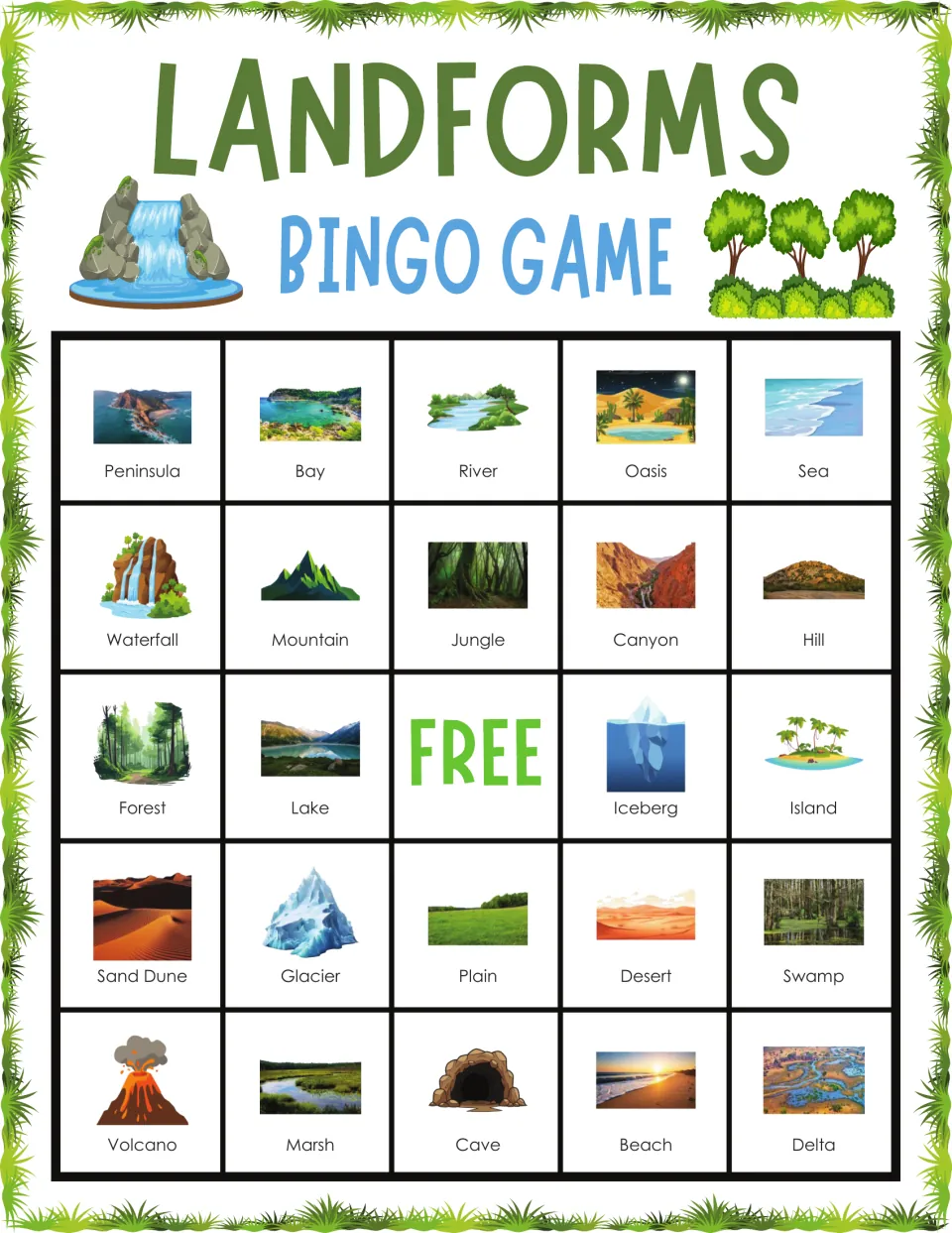 Landforms bingo card 3: players cover pictures of peninsula, bay, river, oasis and sea among 24 labeled landforms