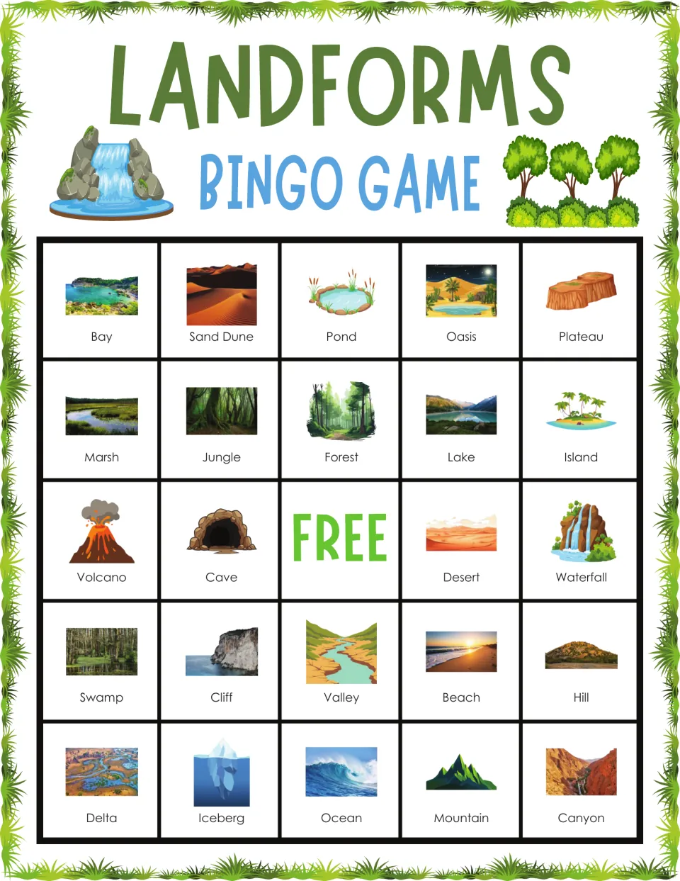Landforms bingo card 4: students listen and mark landforms like bay, sand dune, pond, oasis and plateau