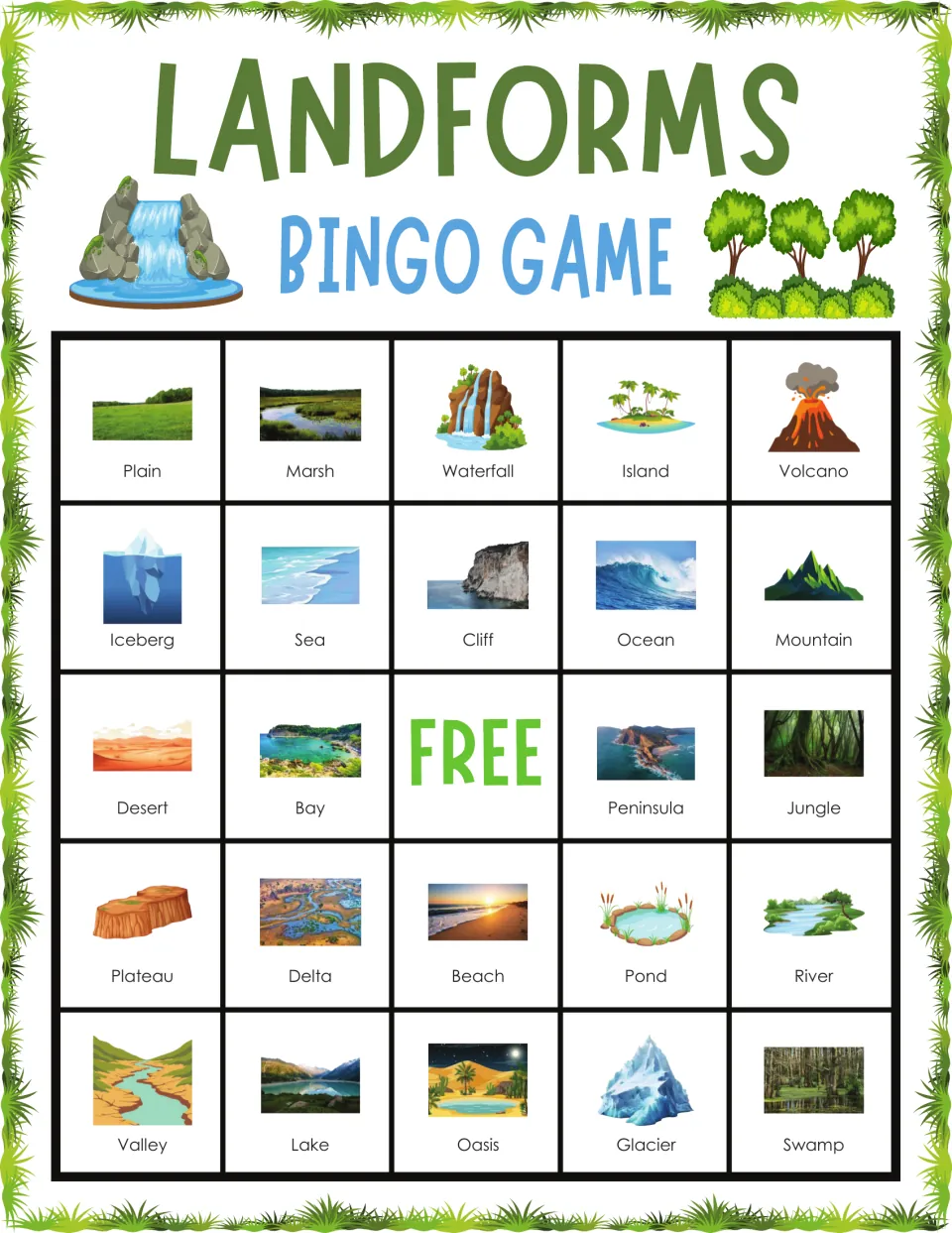 Landforms bingo card 5: students identify pictured landforms such as plain, marsh, waterfall, island and volcano