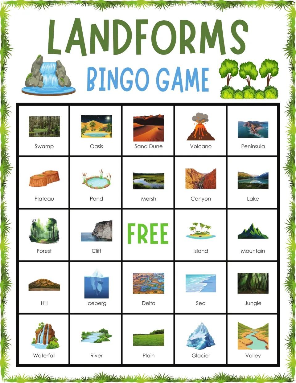 Landforms bingo card 6: students find called landforms such as swamp, oasis, sand dune, volcano and peninsula
