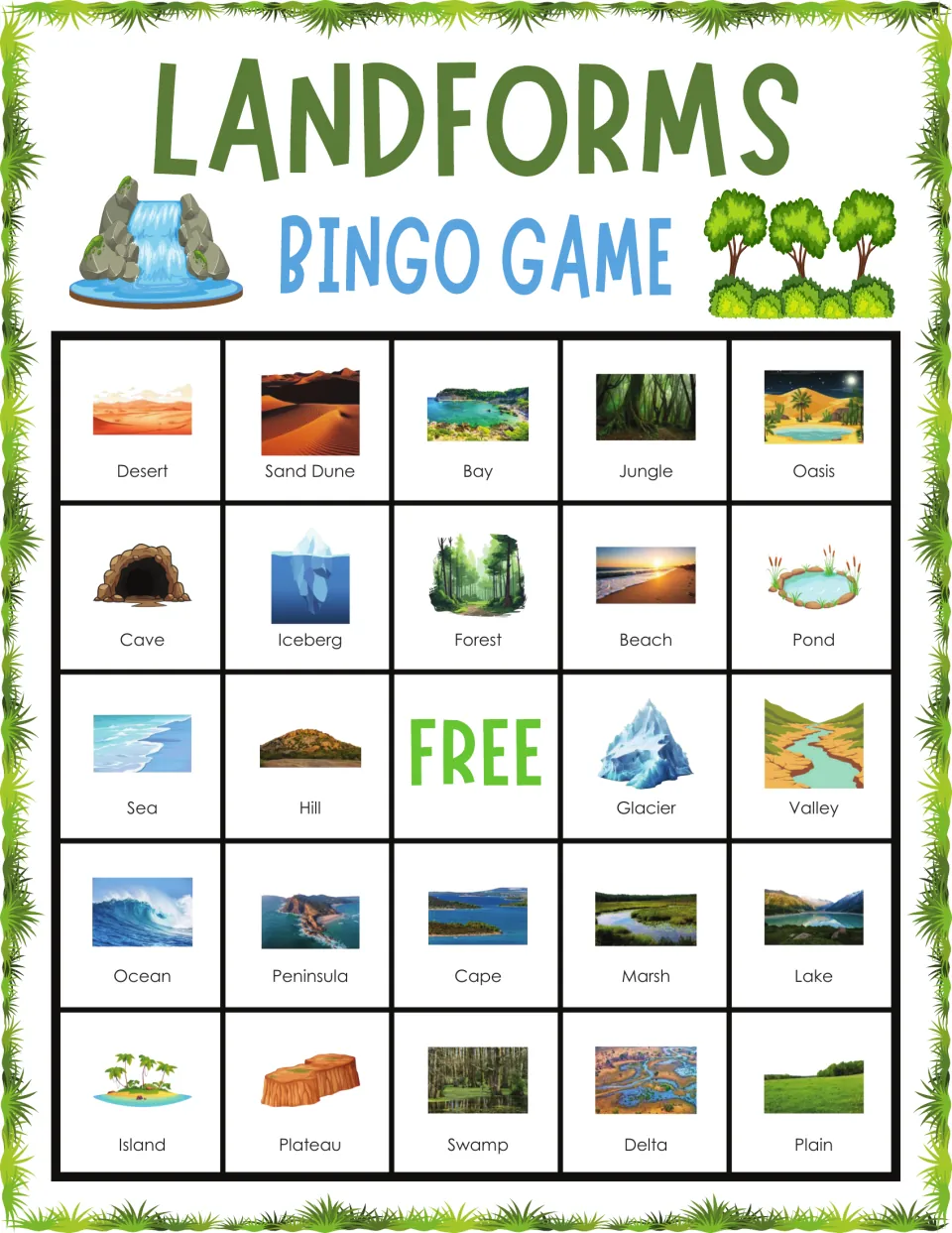Landforms bingo card 7: players recognize pictured desert, sand dune, bay, jungle, oasis and more as names are called