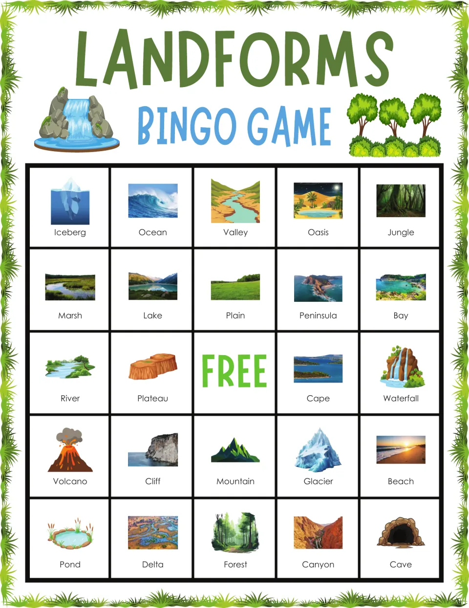 Landforms bingo card 8: students mark iceberg, ocean, valley, oasis, jungle and other landform pictures from the caller