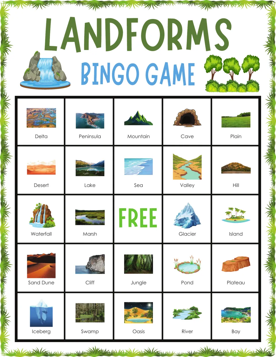 Landforms bingo card 9: students cover delta, peninsula, mountain, cave, plain and other labeled landform pictures