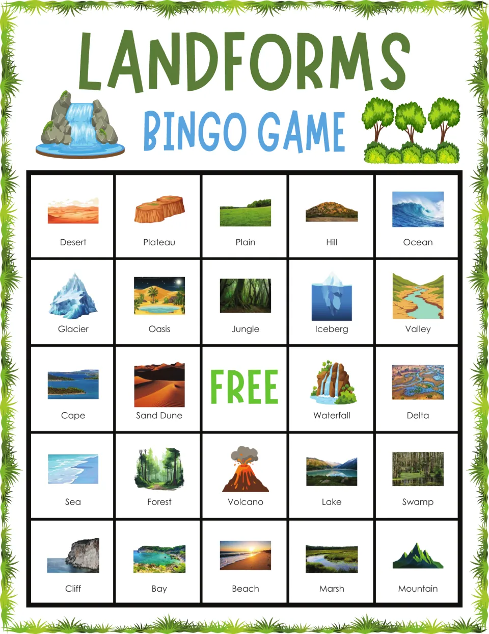 Landforms bingo card 10: players identify desert, plateau, plain, hill, ocean and other pictured landforms when called