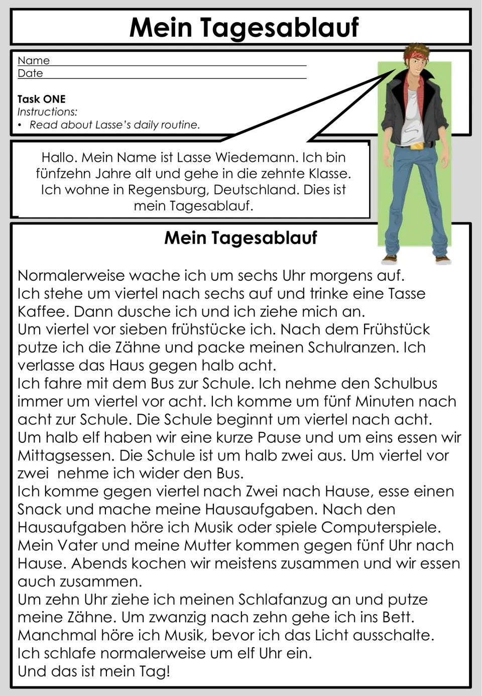 Task 1 reading passage: Lasse describes his daily routine in German, from waking at 6 a.m. to falling asleep.