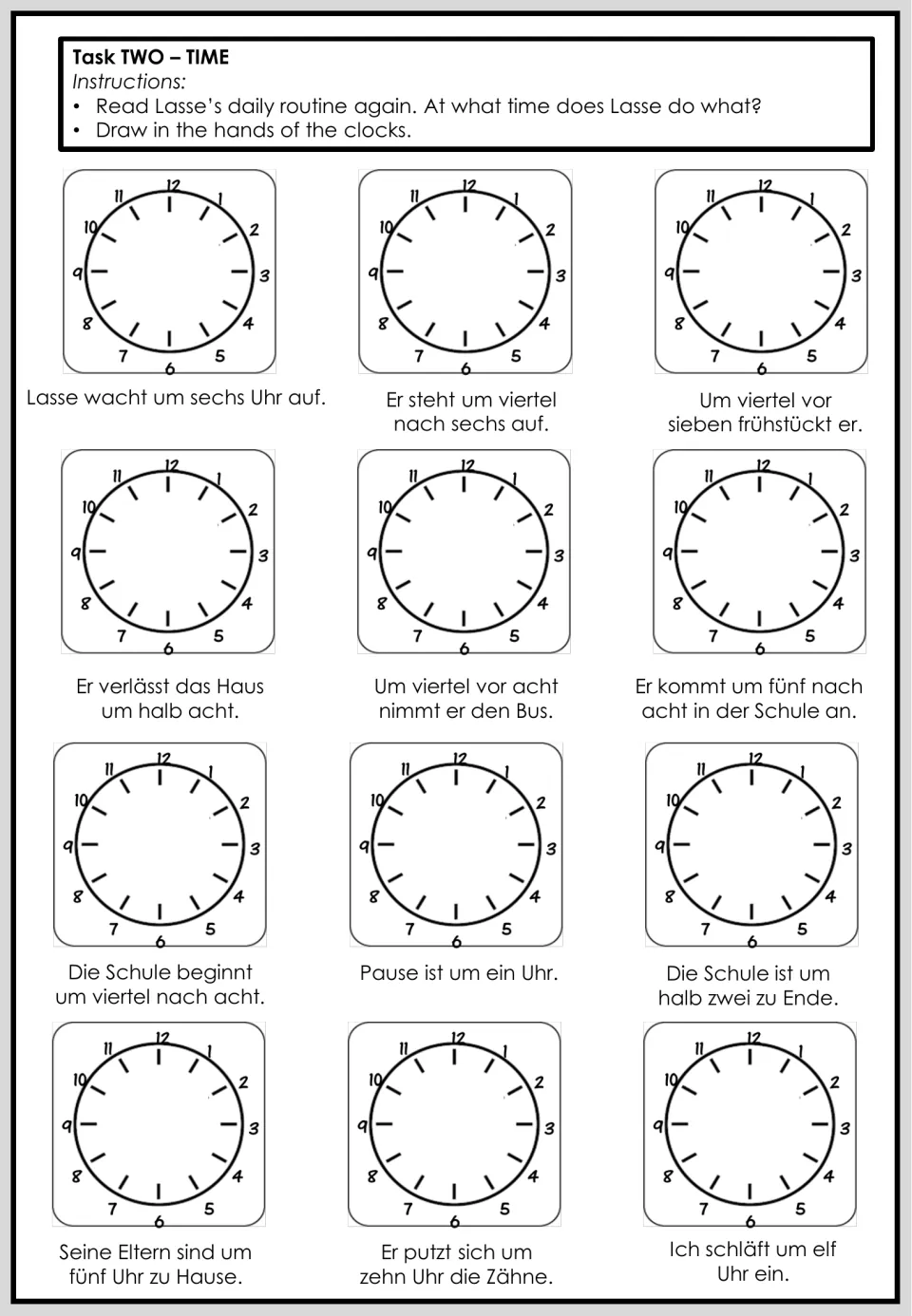 Task 2 time practice: 12 German statements about Lasse’s routine, each paired with a clock to draw hands on.