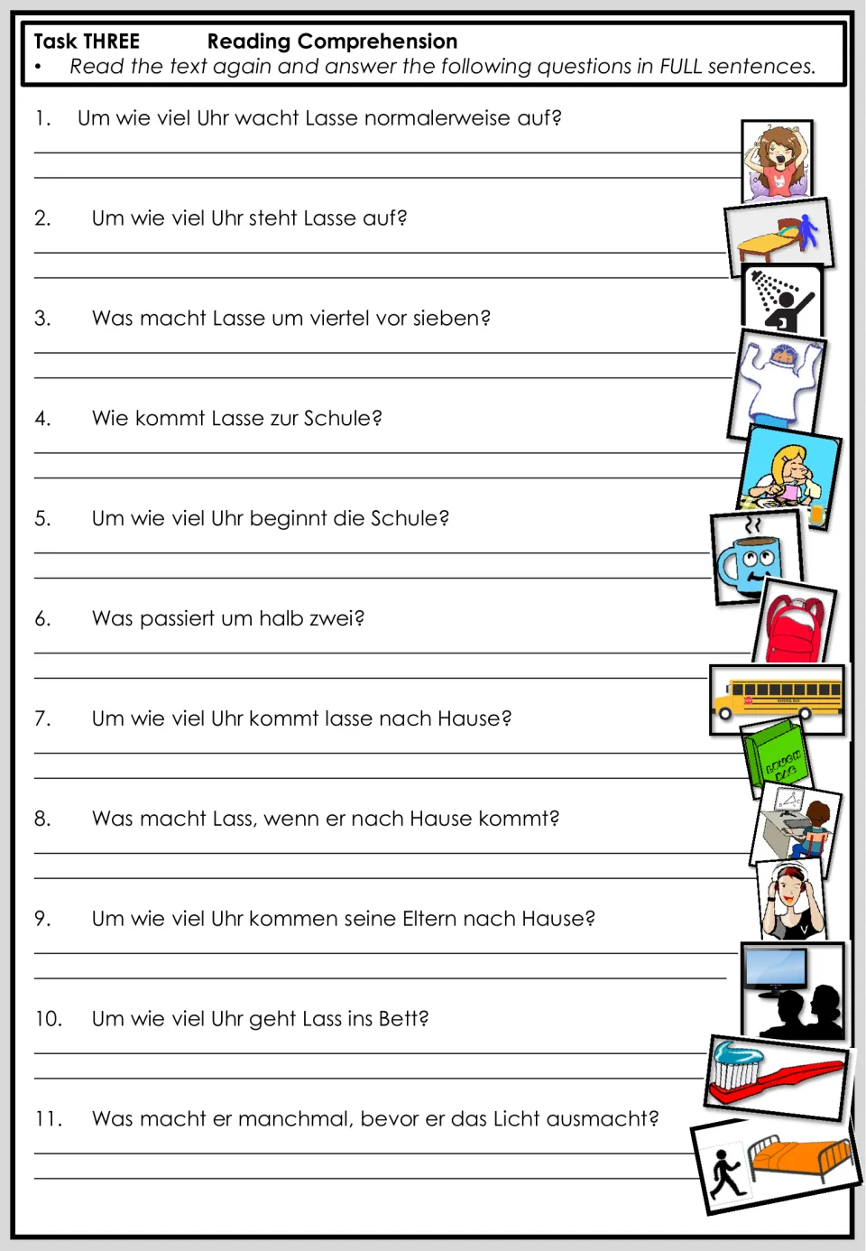 Task 3 reading comprehension: 11 German questions about Lasse’s routine, requiring full-sentence answers.