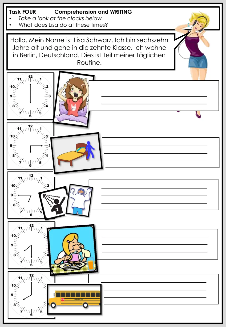 Task 4 writing, part 1: five clock-and-picture prompts show Lisa waking, getting up, dressing and more.