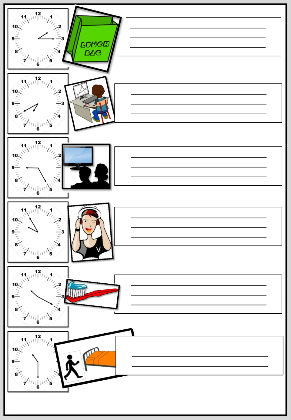 Task 4 writing, part 2: six clock-and-picture prompts cover Lisa’s lunch, homework, TV, music and bedtime.