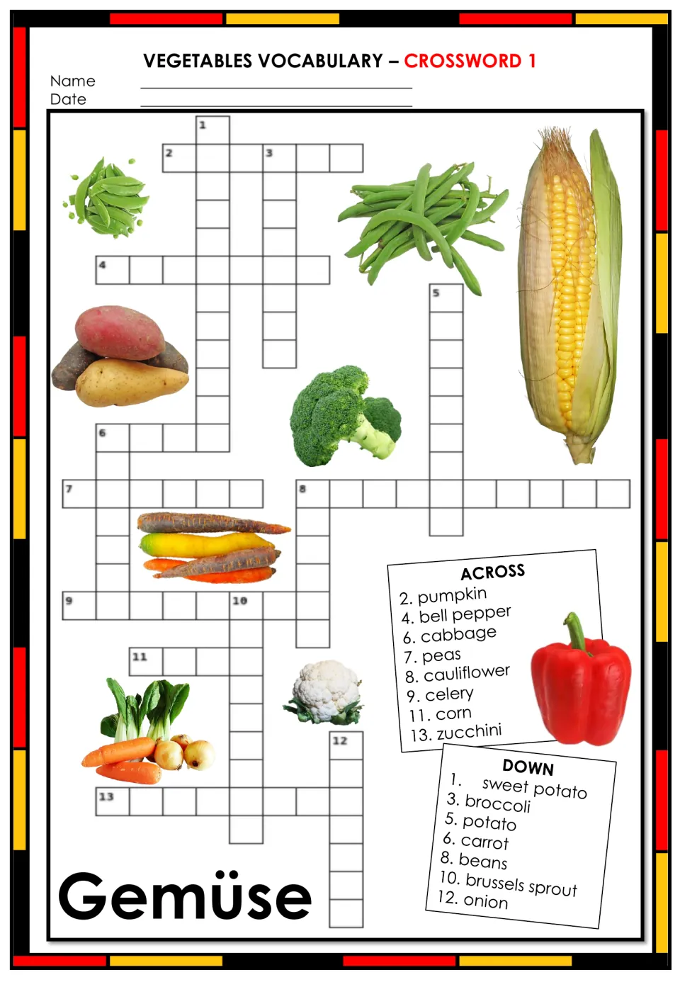 German vegetables crossword (Gemüse): students write the German words for 15 English clues such as pumpkin, peas and onion