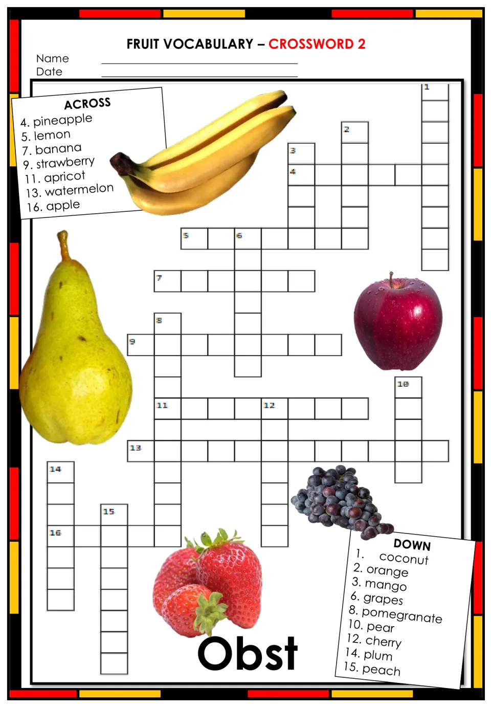 German fruit crossword (Obst): students solve 16 clues in German from English words such as pineapple, mango and peach