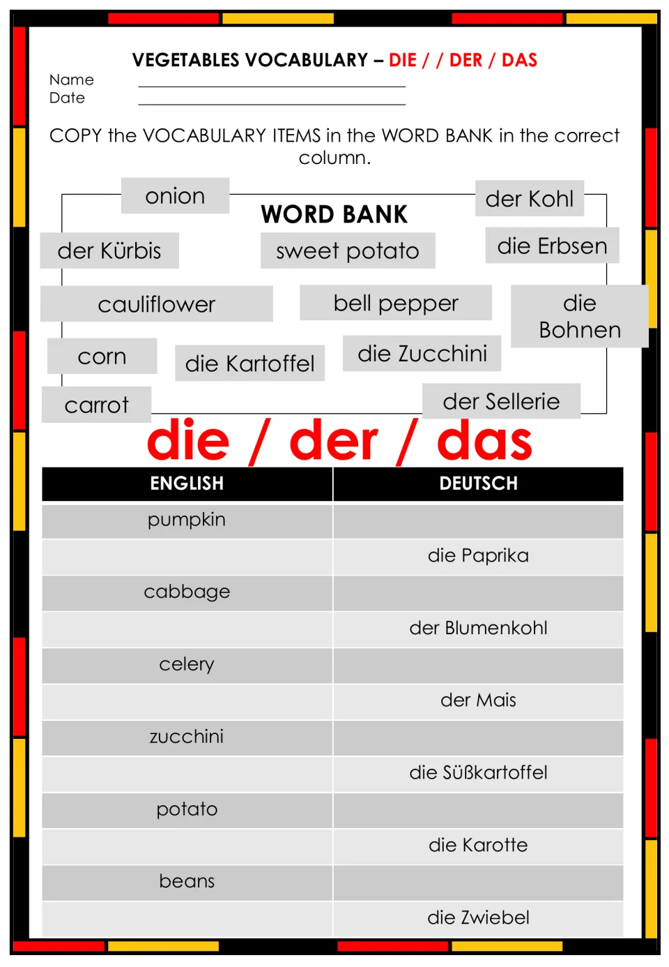 Vegetable nouns with die, der, das: students copy each word-bank item beside its match to complete English–German pairs
