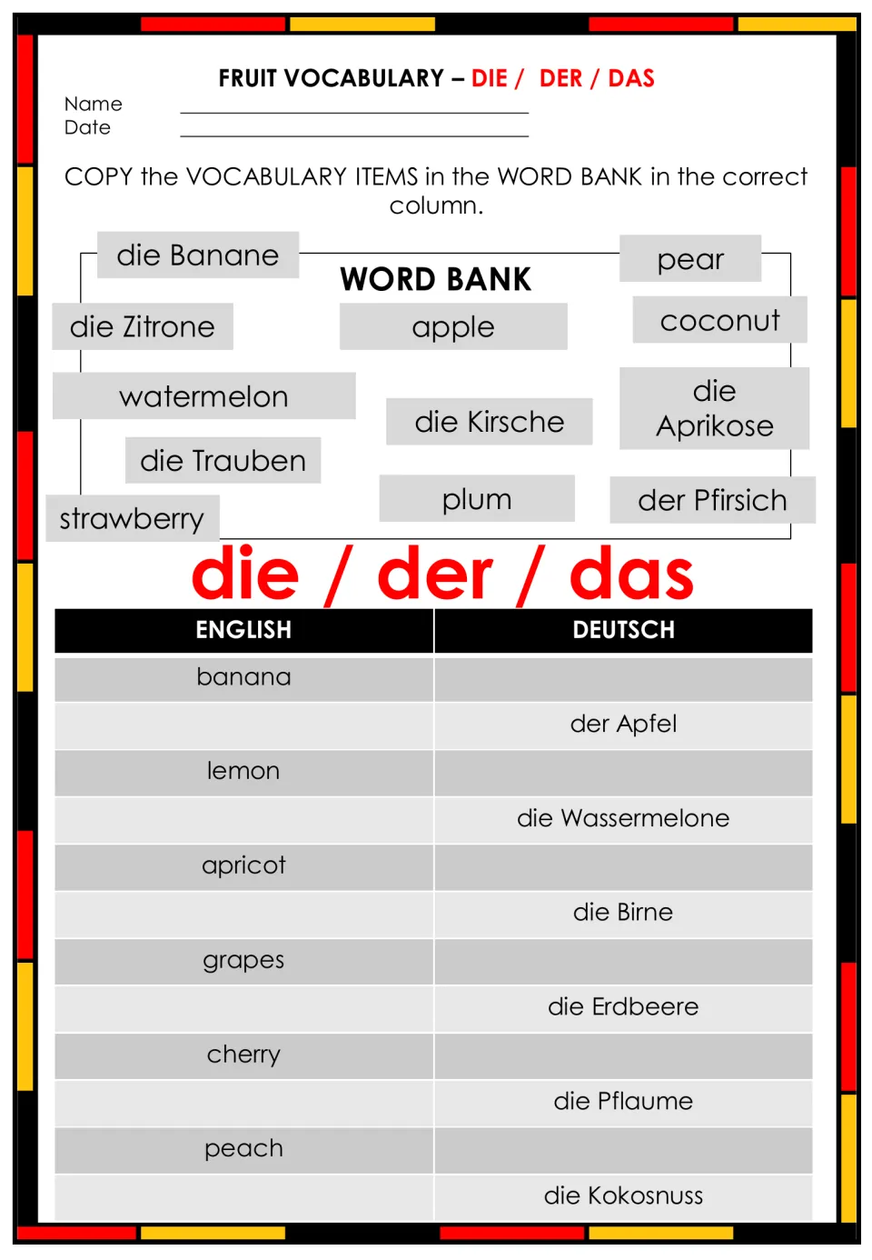 Fruit nouns with articles: students match word-bank words like die Banane and pear to complete English–Deutsch pairs