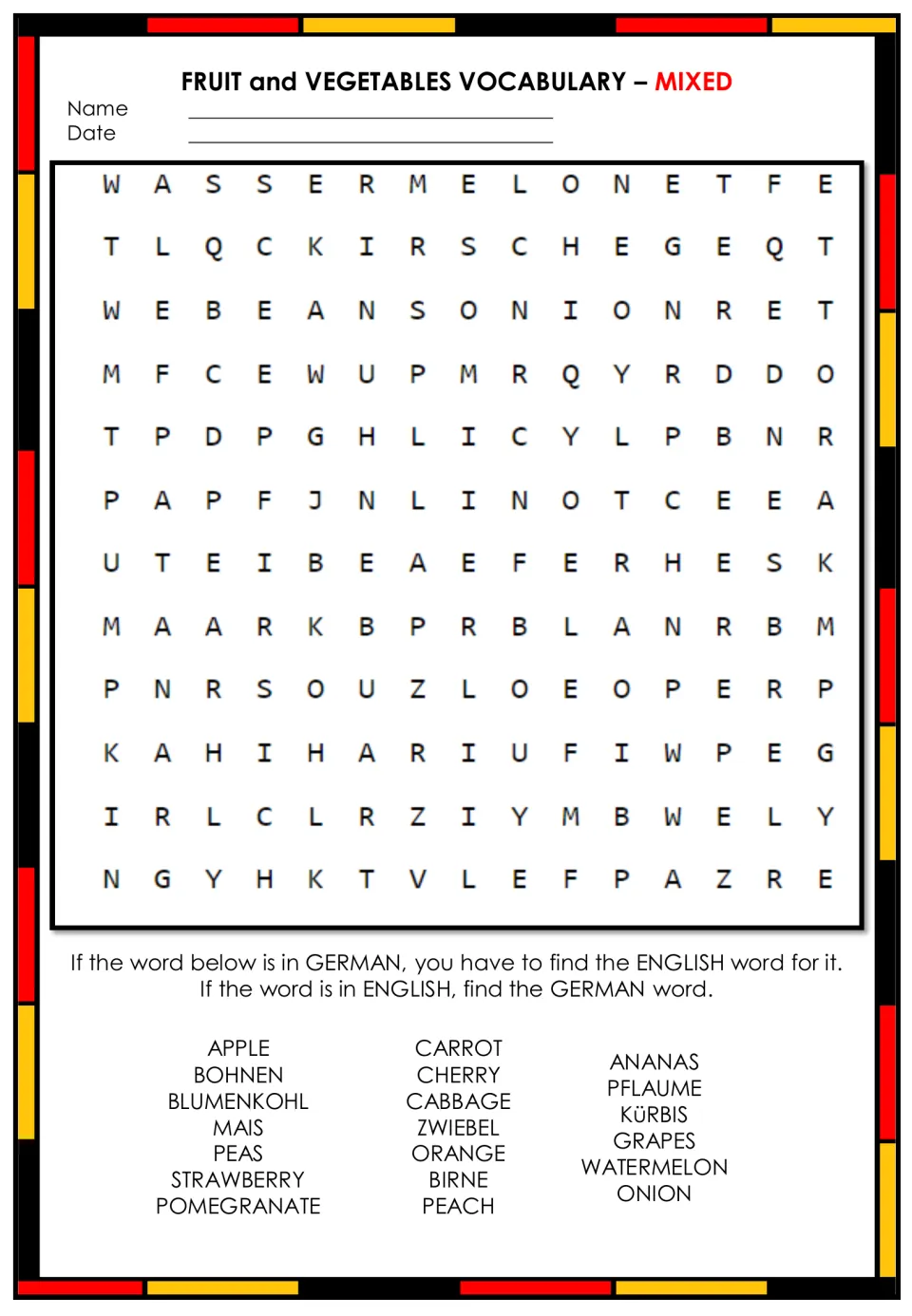 Mixed fruit and vegetable word search: students translate each listed word between German and English, then find it