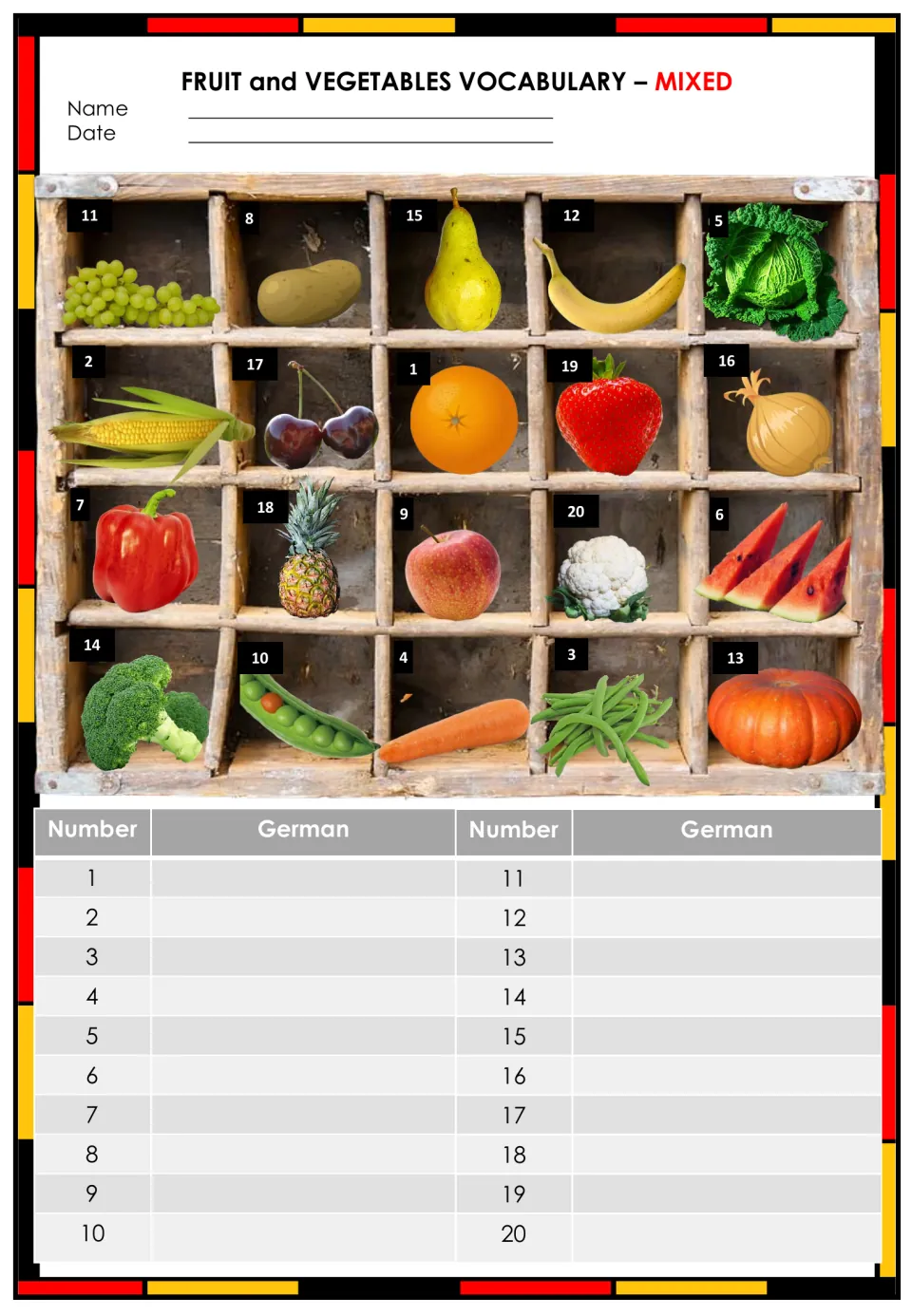 Mixed fruit and vegetable picture labeling: students write the German name for each of 20 numbered photos in a crate