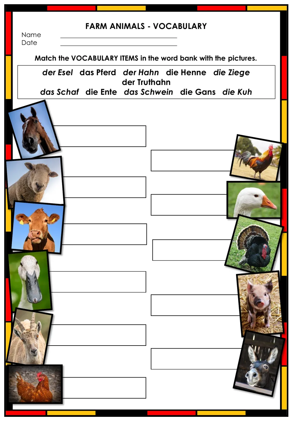 German farm animals: students match 12 word-bank nouns like der Esel, das Pferd and die Kuh to animal photos