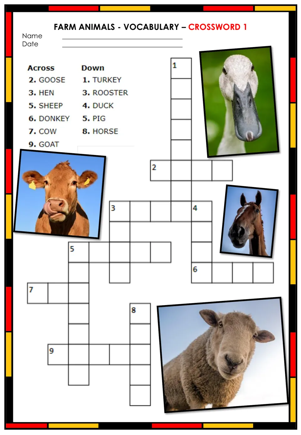 Farm animals crossword 1: English clues such as goose, hen, donkey, turkey and horse, with cow, duck and sheep photos