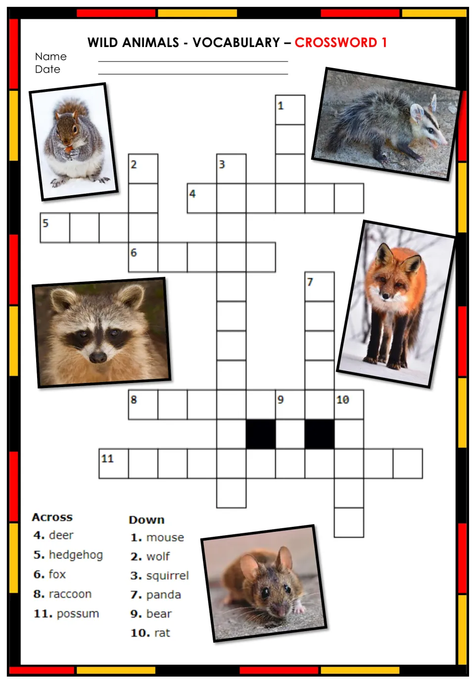 Wild animals crossword 1: English clues for deer, hedgehog, fox, raccoon, possum, mouse, wolf, squirrel, panda and bear