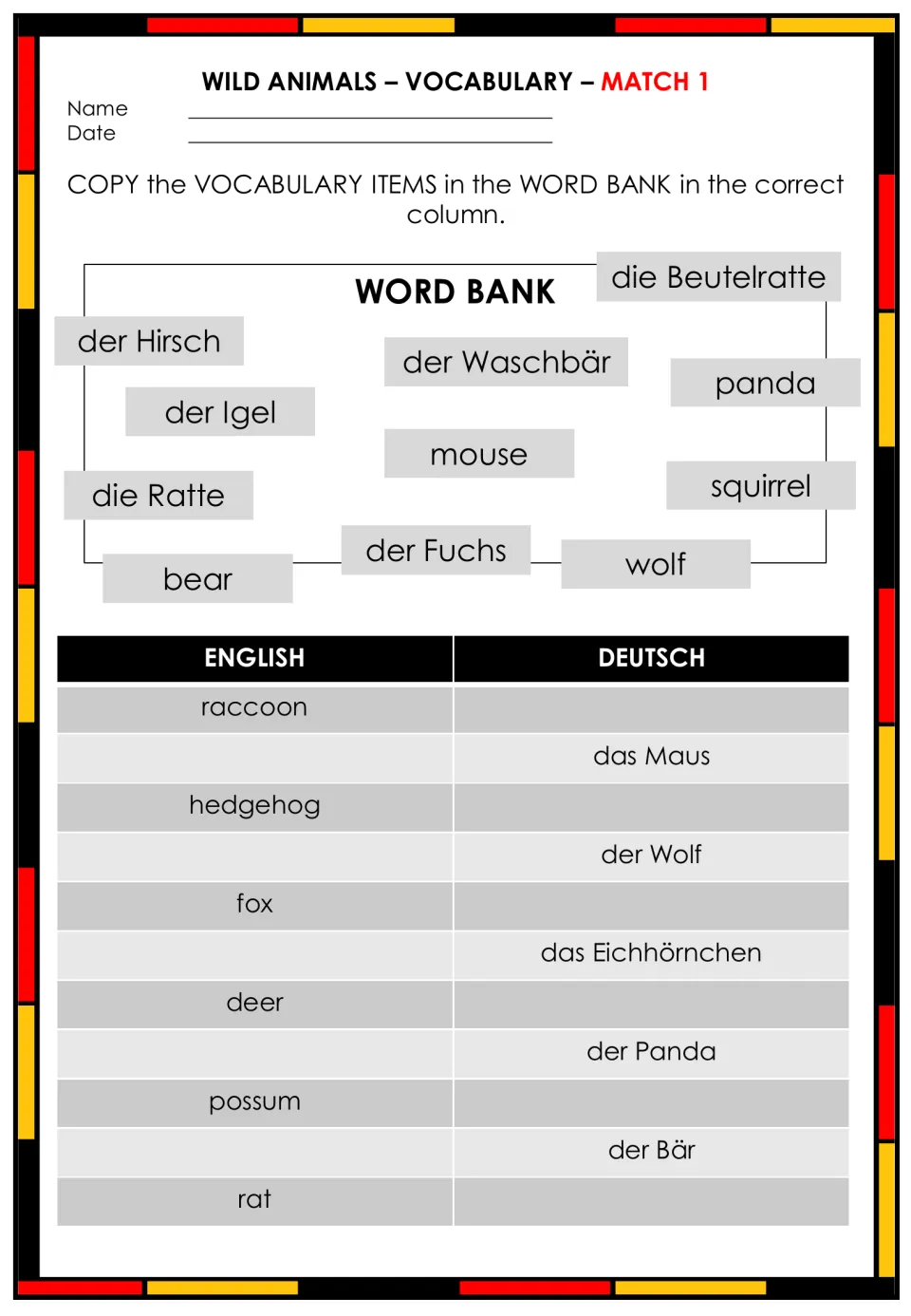 Wild animals match 1: students copy word-bank terms like der Igel and squirrel into English and Deutsch translation columns