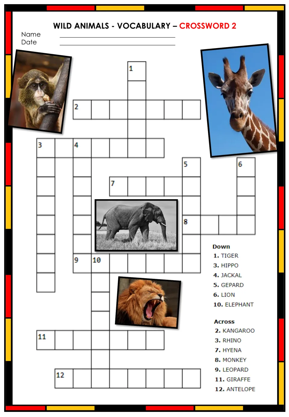 Wild animals crossword 2: English clues such as tiger, hippo, kangaroo, giraffe, lion and antelope