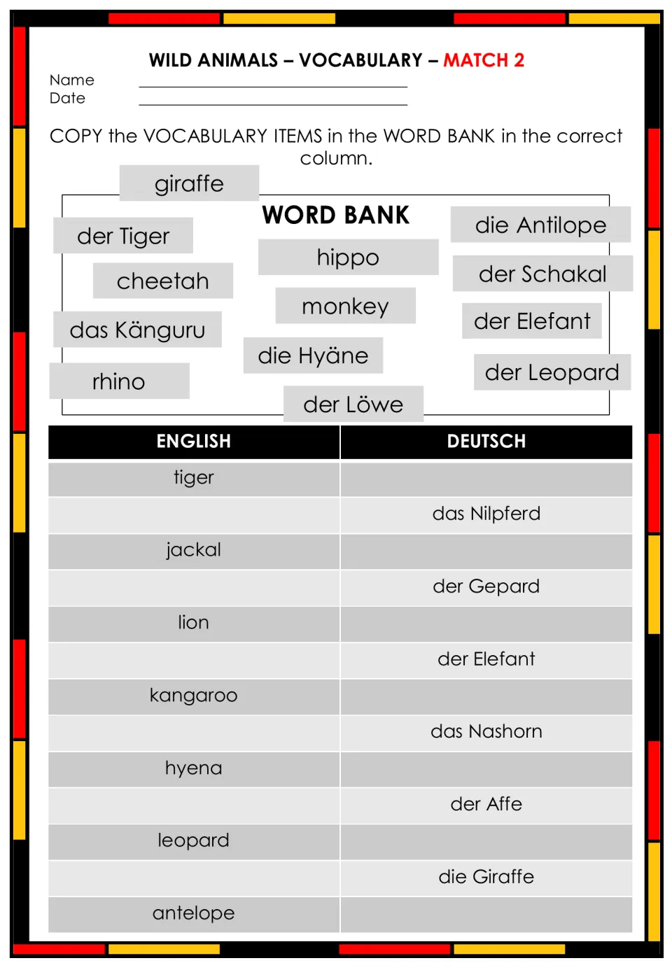 Wild animals match 2: students sort word-bank terms like der Löwe, die Hyäne and hippo into English and Deutsch columns