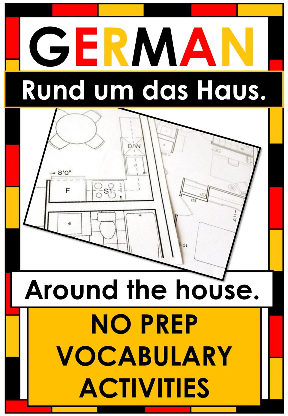 German Rund um das Haus / Around the house cover: no-prep vocabulary activities, shown over a house floor plan