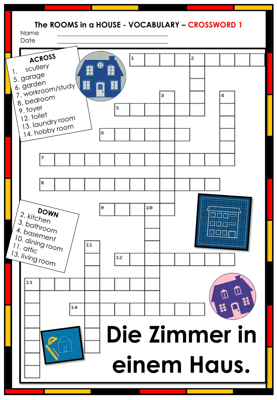 Die Zimmer in einem Haus crossword: students write German room words like scullery, attic and bedroom from English clues