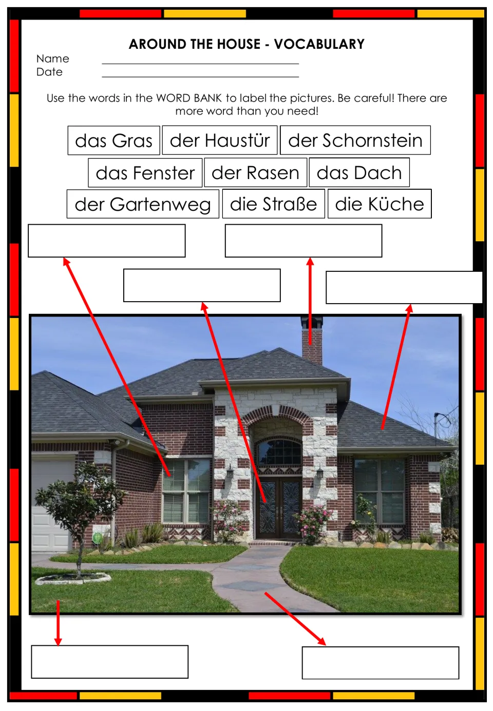 Around the house labeling: students use German words like das Dach and der Schornstein to label a photo of a brick house