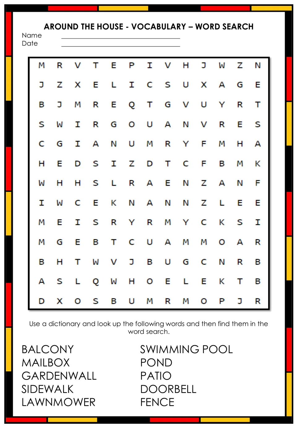 Around the house word search: students look up balcony, mailbox, pond and fence in a dictionary, then find each word