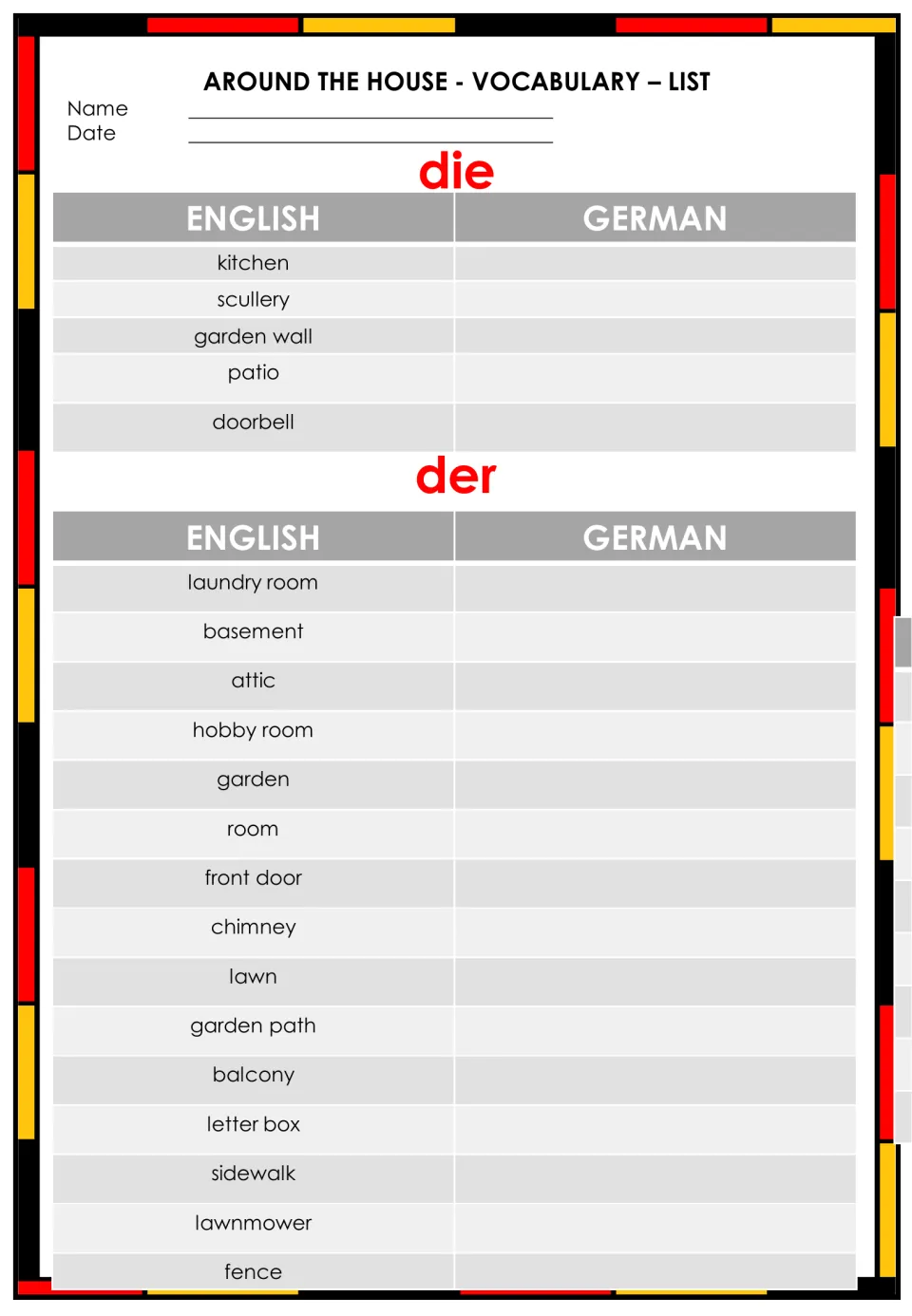 House vocabulary list: students write the German for words like kitchen, chimney and lawn under die and der headings