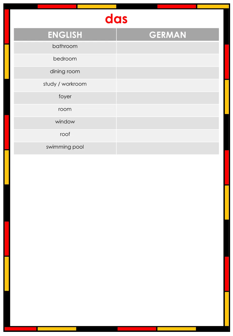 Das nouns list continued: students write the German for bathroom, bedroom, window, roof, swimming pool and four more
