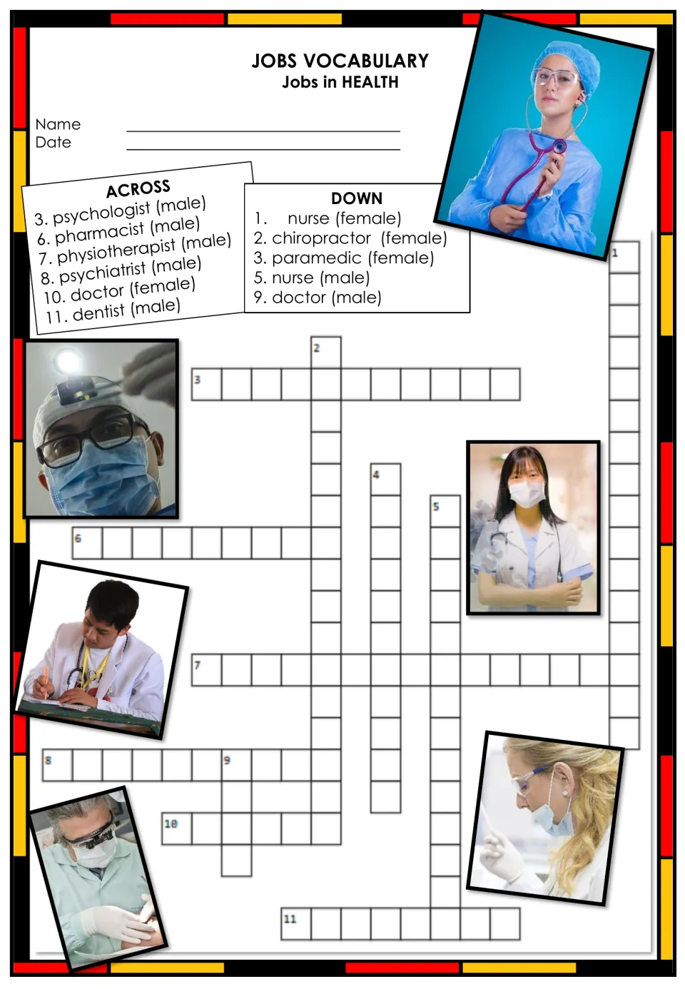 German health jobs crossword using English clues for nurse, doctor, dentist, psychologist, and other professions