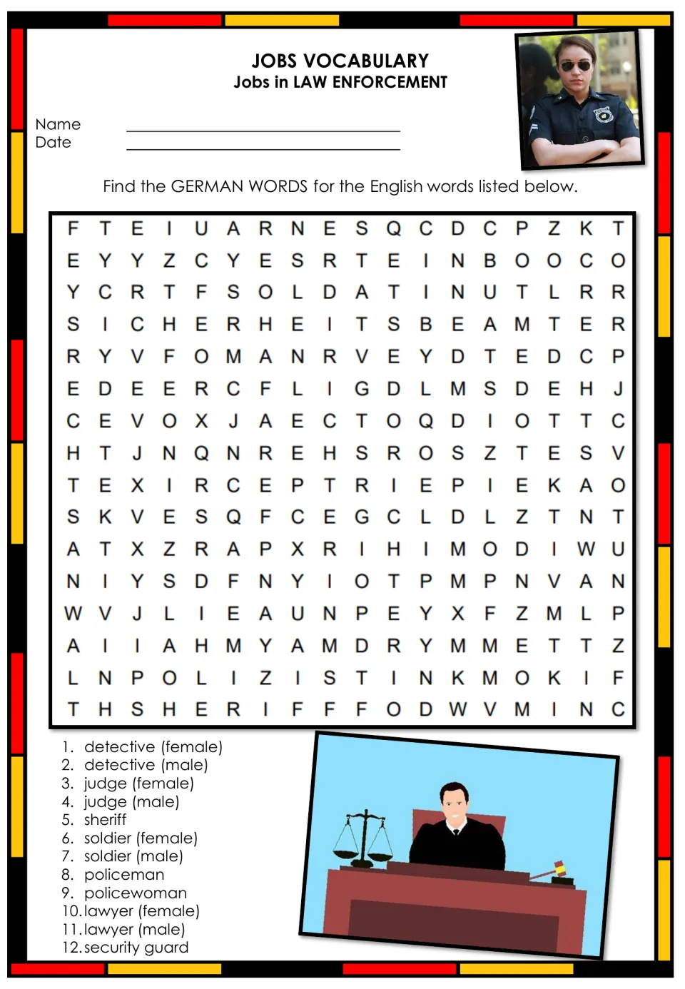 German law enforcement word search: find translations of detective, judge, sheriff, soldier, and other jobs