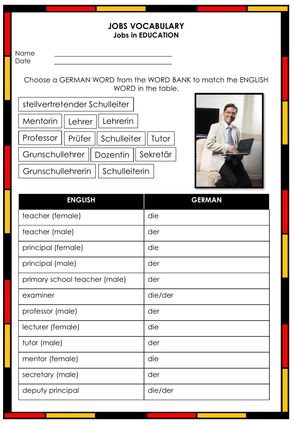 German education jobs matching activity with Lehrer (teacher), Prüfer (examiner), and other word bank choices