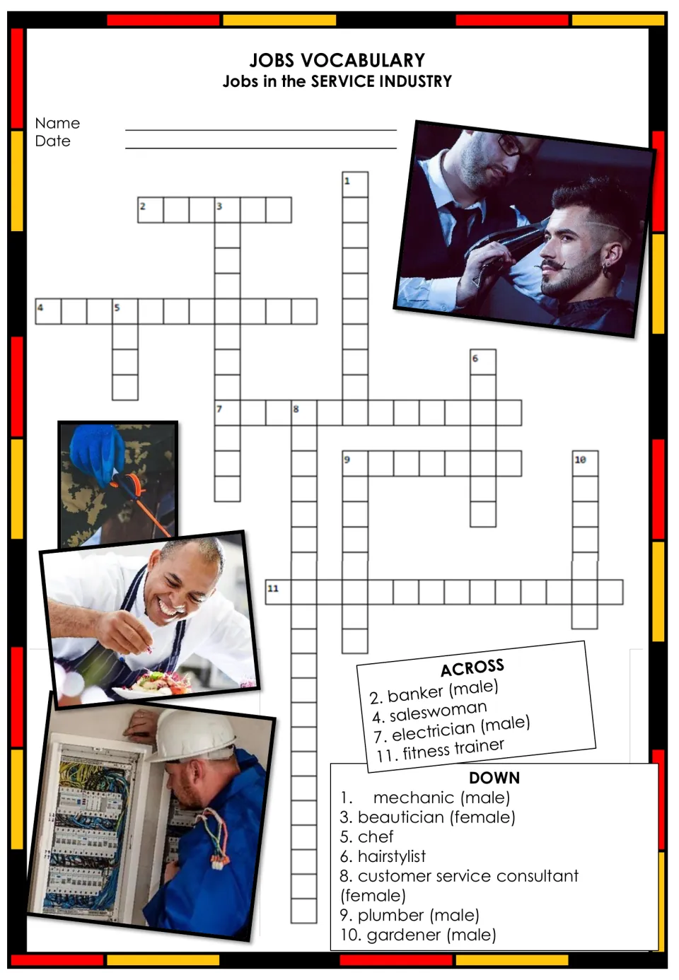 German service industry crossword using English clues for banker, saleswoman, electrician, chef, and more